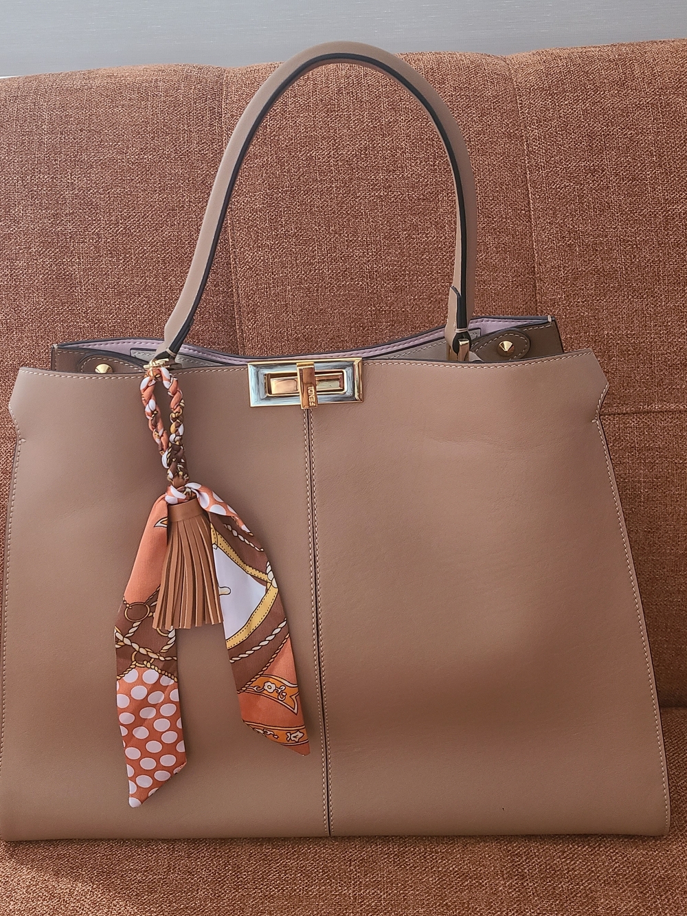 Elegant Taupe Italian Leather Tote Bag with Scarf Accent